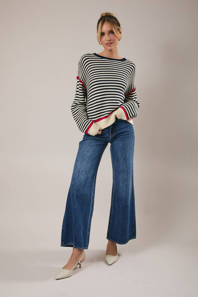 ROLL UP NECK LONG SLEEVE STRIPE SWEATER TOP: CREAM-NAVY STRIPE
