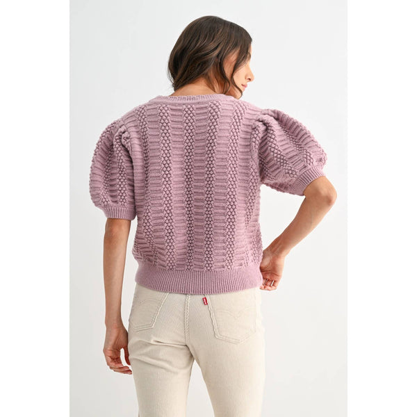 TEXTURED PUFF SLEEVE KNIT SWEATER: MAUVE