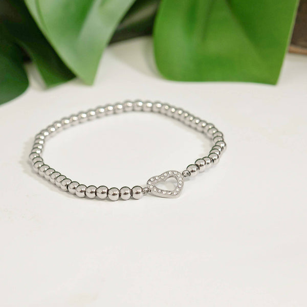 18K Gold PVD Stainless Steel Stone Heart Metal Beaded Stretch Bracelet: Gold