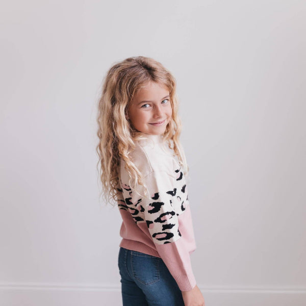 Kids Pink Cream Leopard Crew Neck Fall Winter Sweater: 5/6