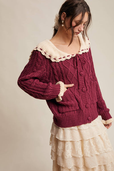 Two-Tone Crochet Collar Cable Knit Cardigan: Cranberry
