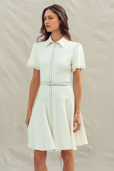 Contrast Stitch Zip Front Knit Mini Dress Belted: IVORY / S-M-L:2-2-2 - Lulu Bella Boutique