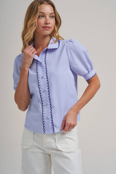 PIN STRIPE BLOUSE TOP WITH SCALLOP EDGE STITCHING DETAIL: BLUE/IVORY / S-M-L(2-2-2) - Lulu Bella Boutique