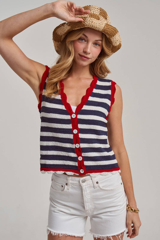 STRIPED SLEEVELESS 4TH OF JULY SWEATER VEST TOP: NAVY/IVORY/RED / S-M-L(2-2-2) - Lulu Bella Boutique