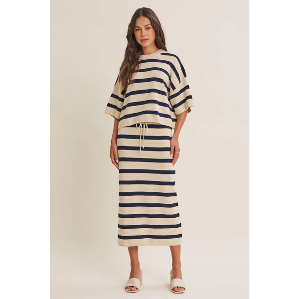 WEEKEND IN CANNES SOFT DRAPE COTTON STRIPE SET: NATURAL/NAVY