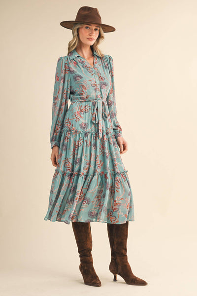 PAISLEY PRINT RUFFLE TIERED MIDI DRESS: SEAFORM