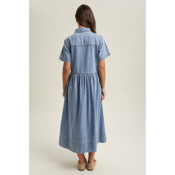 DENIM BUTTON-FRONT SHIRT DRESS/ WL25-12368: M.DENIM / S - Lulu Bella Boutique