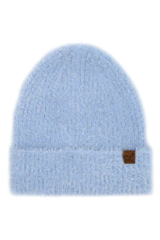 C.C Metallic Eyelash Cuff Solid Beanie Winter Hat: Blue