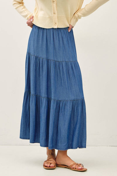 DENIM LOOK TENCEL TIERED MAXI SKIRT : MED WASH - Lulu Bella Boutique