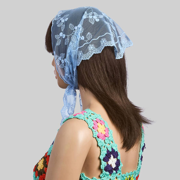 LACE FLORAL HEAD WRAP OR SHOULDER SCARF: BLUE / 1 SIZE - Lulu Bella Boutique