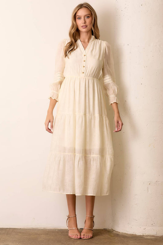V-Neck Long Sleeve Midi Dress in Ivory