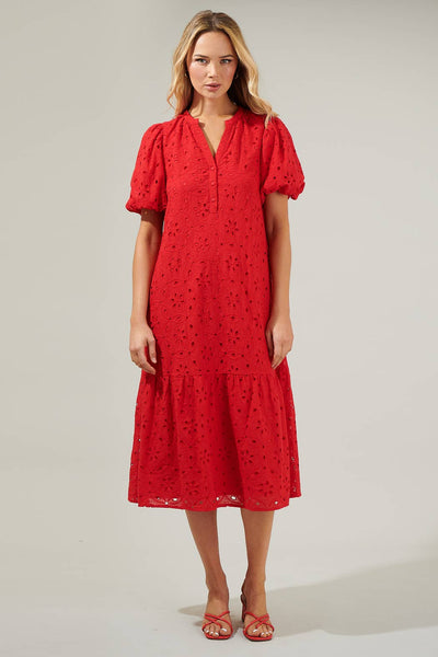 Villa Nova Eyelet Midi Dress: Red / S - Lulu Bella Boutique