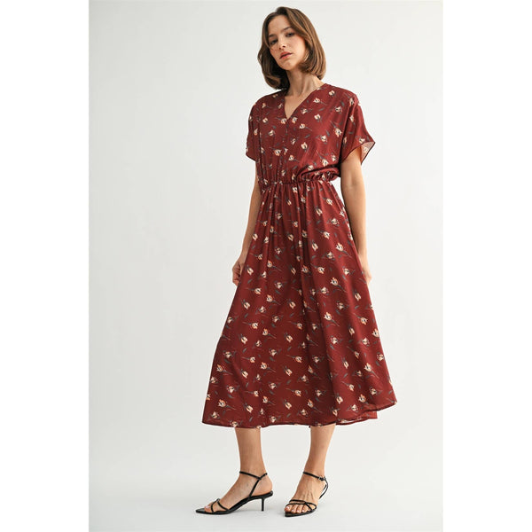 FLOWER PRINTED CRINKLE SATIN DRESS: Rust