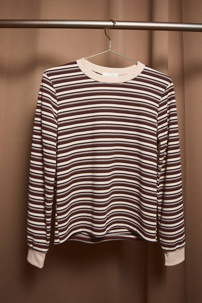 Brown Multi Stripe Crew Neck Long Sleeve Top: BROWN-MULTI STRIPE