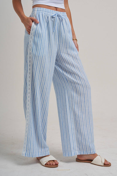 CASUAL PANTS WITH DELICATE RIBBON TRIM ON THE SIDE: VINTAGE BLUE / S-M-L(2-2-2) - Lulu Bella Boutique