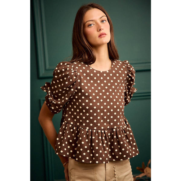 POLKA DOT BOW DETAIL SHORT SLEEVES PEPLUM TOP: BROWN/IVORY