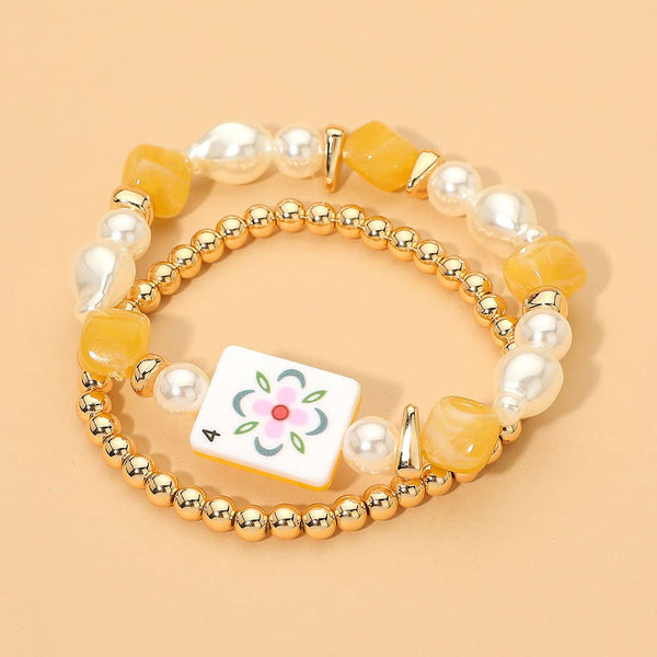 2PCS - Mahjong Tile Pearl Beaded Stretch Multi Layered Bracelets: Blue,Gold