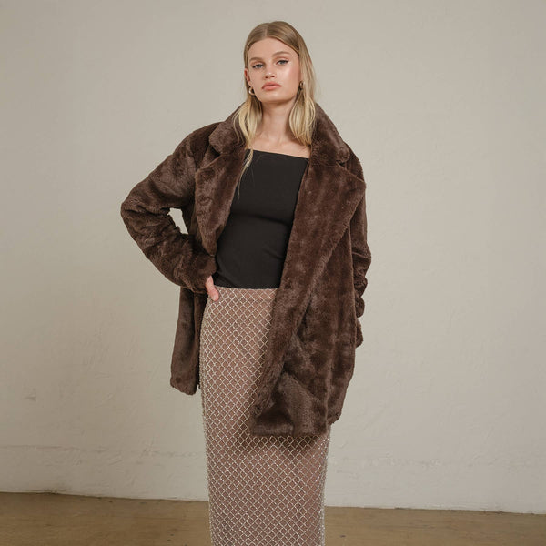 Chocolate Faux Fur Open Front Jacket: CHOCOLATE