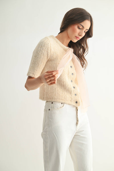 KNIT CARDIGAN WITH CHIFFON BOW - SAND