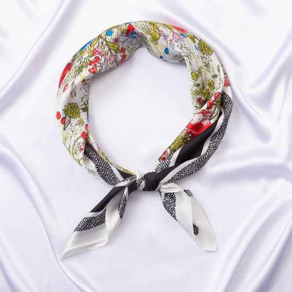 FLOWER SILKY BANDANA SQUARE NECK SCARF, DS 31165: GRY - Lulu Bella Boutique