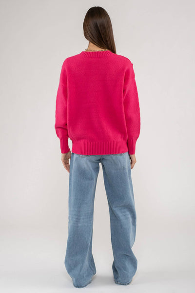 BUTTON TAB SHOULDER PULLOVER SWEATER: FUCHSIA