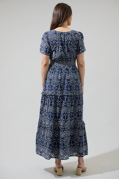 Viridiana Floral Eyelet Palmer Poplin Tiered Maxi Dress: DenimBlue / S - Lulu Bella Boutique