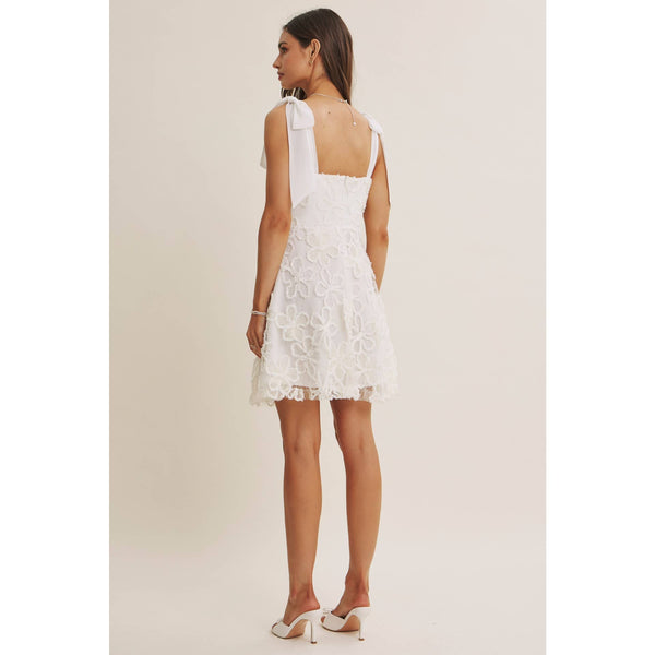 PARIS EVENING LACE FLORAL EMBROIDERY MINI WITH SHOULDER TIE: CREAM / S - Lulu Bella Boutique