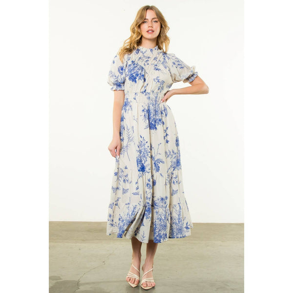 Floral Print Short Sleeve Maxi Dress: BLUE / XS-S-M-L(1-2-2-1) - Lulu Bella Boutique