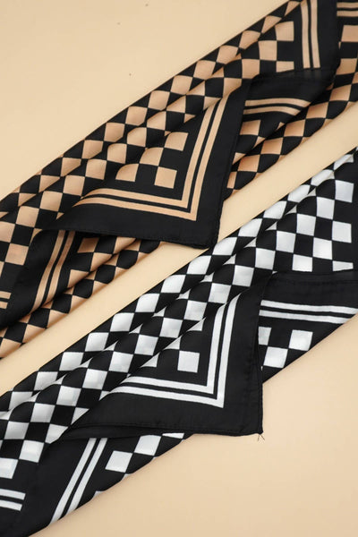 LARGE CHECKER PRINT SILKY FEEL BANDANA SCARF: Brown