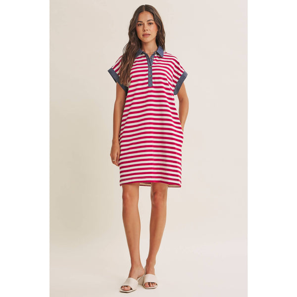 YACHT CLUB RELAXED FIT CASUAL STRIPE POLO MINI DRESS: BURGUNDY/CREAM