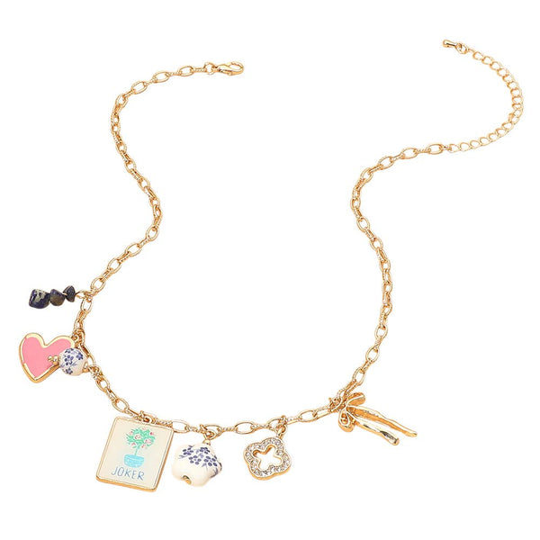 Mahjong Tile Bow Heart Quatrefoil Flower Charm Station Necklace