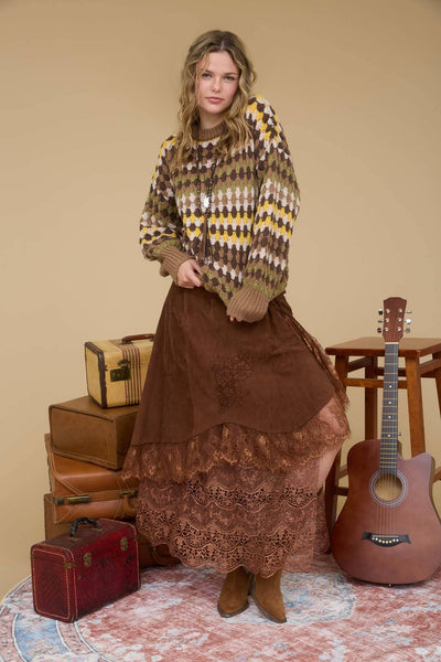 MULTICOLOR KNIT CREWNECK PULLOVER SWEATER: BROWN MULTI - Lulu Bella Boutique
