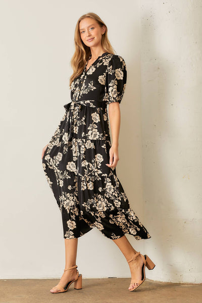 FLORAL PRINT BUTTON FRONT TIERED MAXI DRESS: CREAM MULTI / L