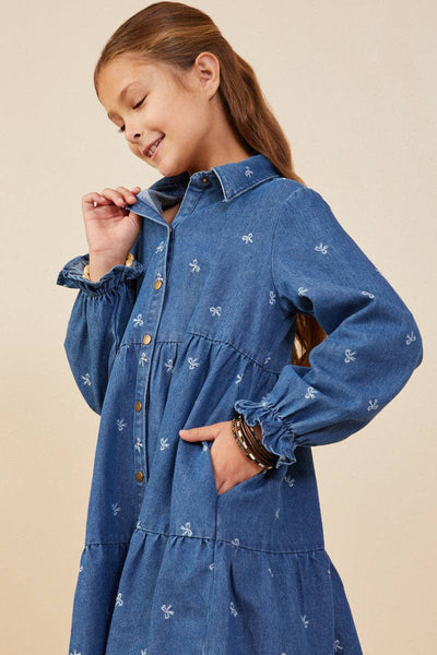 Girls Bow Printed Buttoned Denim Dress - Lulu Bella Boutique