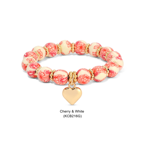 Kids Clay Beaded Stretch Charm Bracelets : Multi & White Floral+white happy face charm (KCB213) - Lulu Bella Boutique
