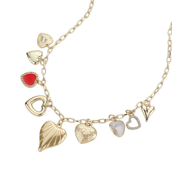 Enamel Stone Paved Metal Heart Charm Station Necklace