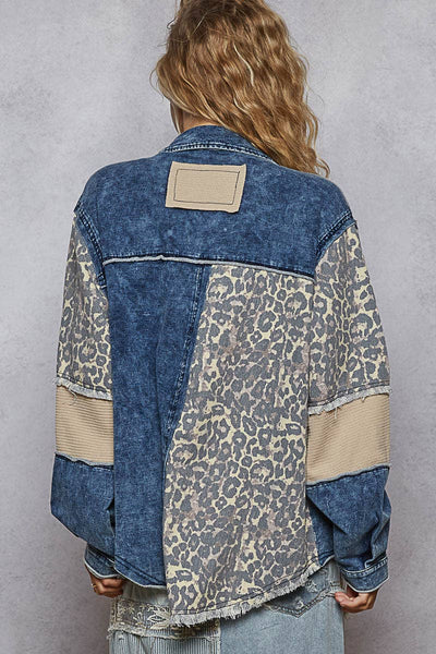 Long sleeve French terry contrast animal or floral jacket: INDIGO / S - Lulu Bella Boutique