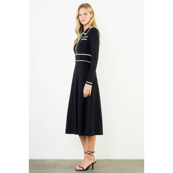 Long Sleeve Collared Knit Dress: BLACK