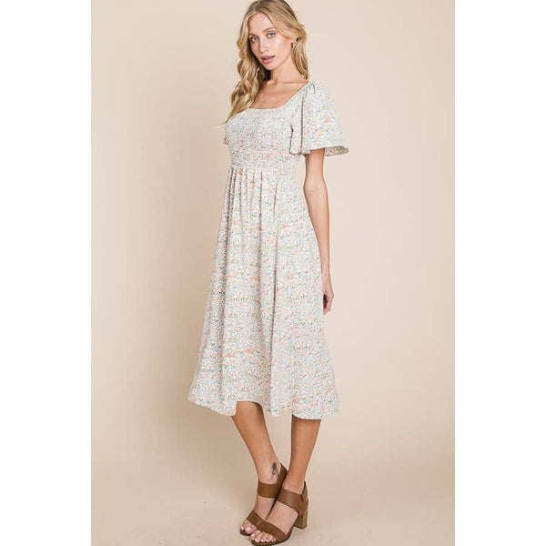 Floral Print Square Neck Smocked Midi Dress: Cream - Lulu Bella Boutique