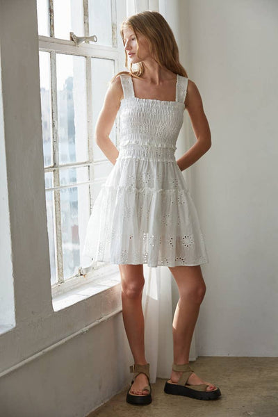 L9316 | Woven Cotton Eyelet Smocked Sleeveless Mini Dress: White / 3S-2M-1L - Lulu Bella Boutique