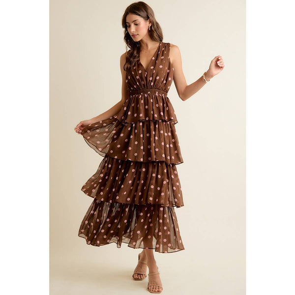 POLKA DOT CHIFFON TIERED MAXI LINED SLEEVELESS DRESS: BROWN/PINK