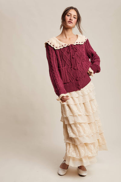 Two-Tone Crochet Collar Cable Knit Cardigan: Cranberry