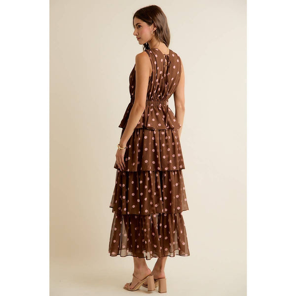 POLKA DOT CHIFFON TIERED MAXI LINED SLEEVELESS DRESS: BROWN/PINK