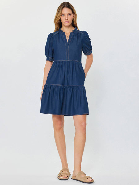 Denim Tiered Short Sleeve Mini Dress: Denim / XS - Lulu Bella Boutique