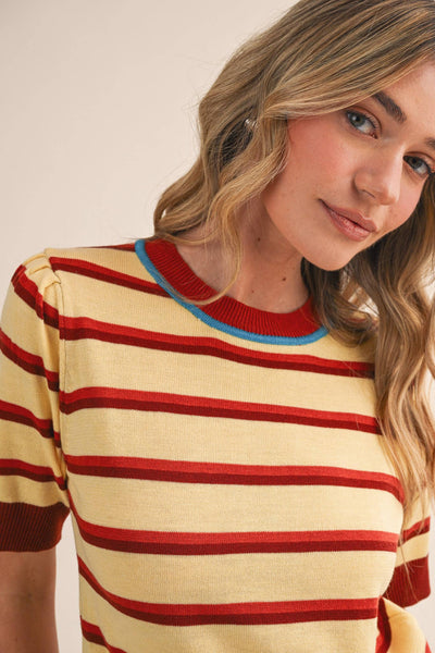 STRIPED SHORT SLEEVE SWEATER MSW11335: LEMON SIENNA / S - Lulu Bella Boutique
