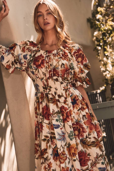 Floral Printed Smocked Waist Midi Dress: IVORY MULTI / S - Lulu Bella Boutique