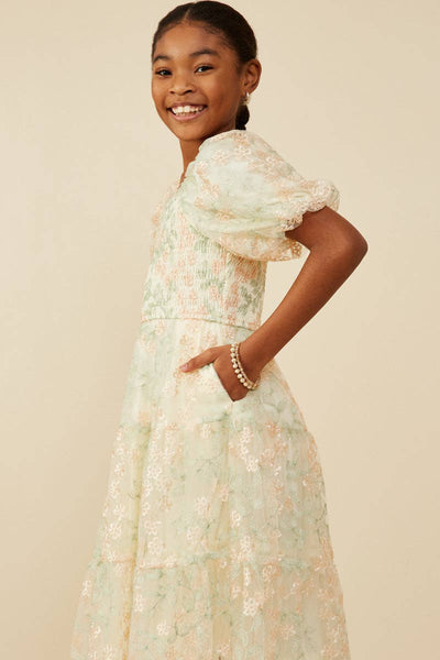 Girls Smocked Floral Mesh Lace Tiered Dress - Lulu Bella Boutique
