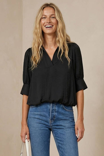 Half Sleeve Hi-lo Bubble Hem Blouse: Black / S - Lulu Bella Boutique
