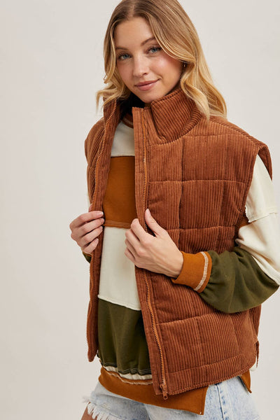 CORDUROY QUILTED PUFFER VEST: CAMEL / L