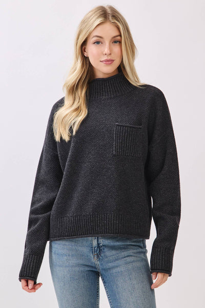 Mock Neck Long Sleeve Sweater Top - VW3953: Charcoal / S - Lulu Bella Boutique